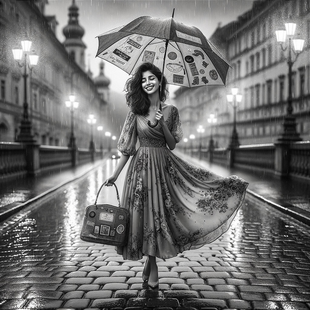 Monochrome Image of Woman with Umbrella on Rainy Street