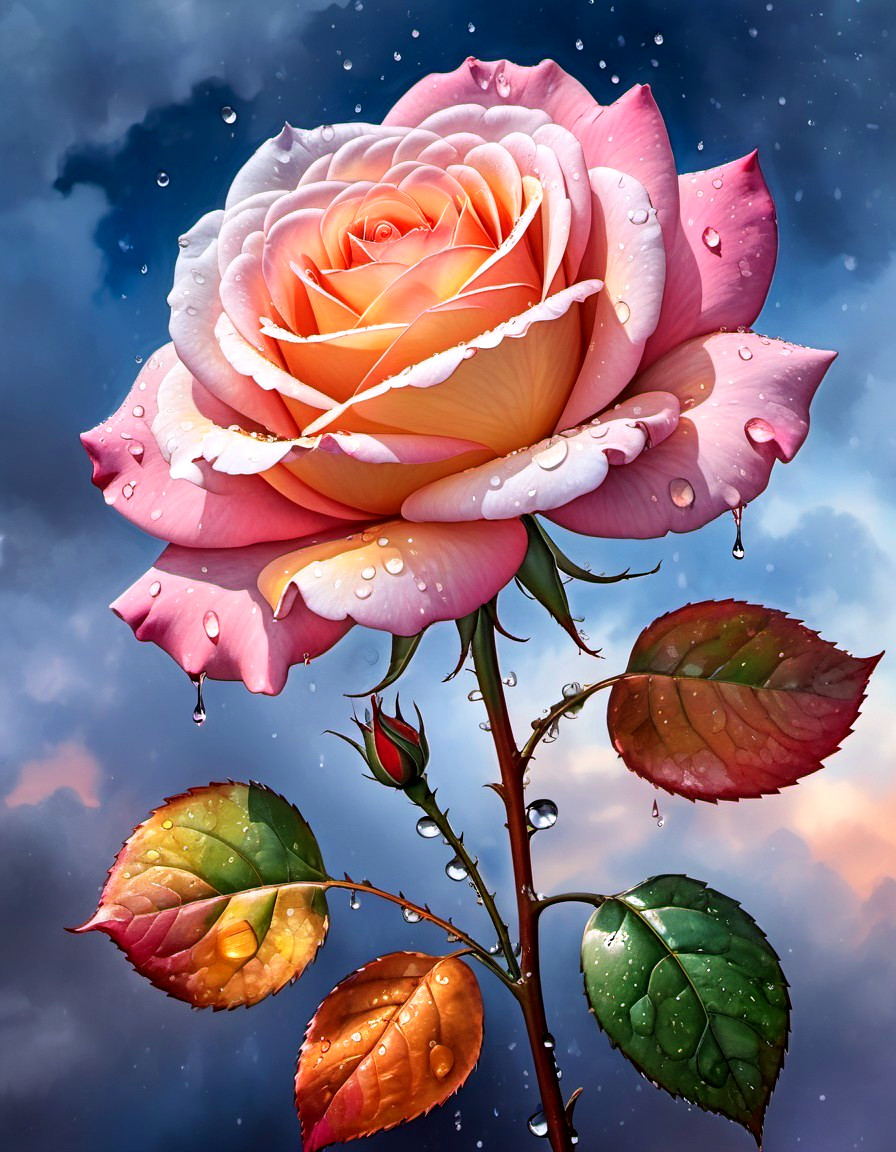 Detailed Rose with Pink and Orange Petals Against Sky