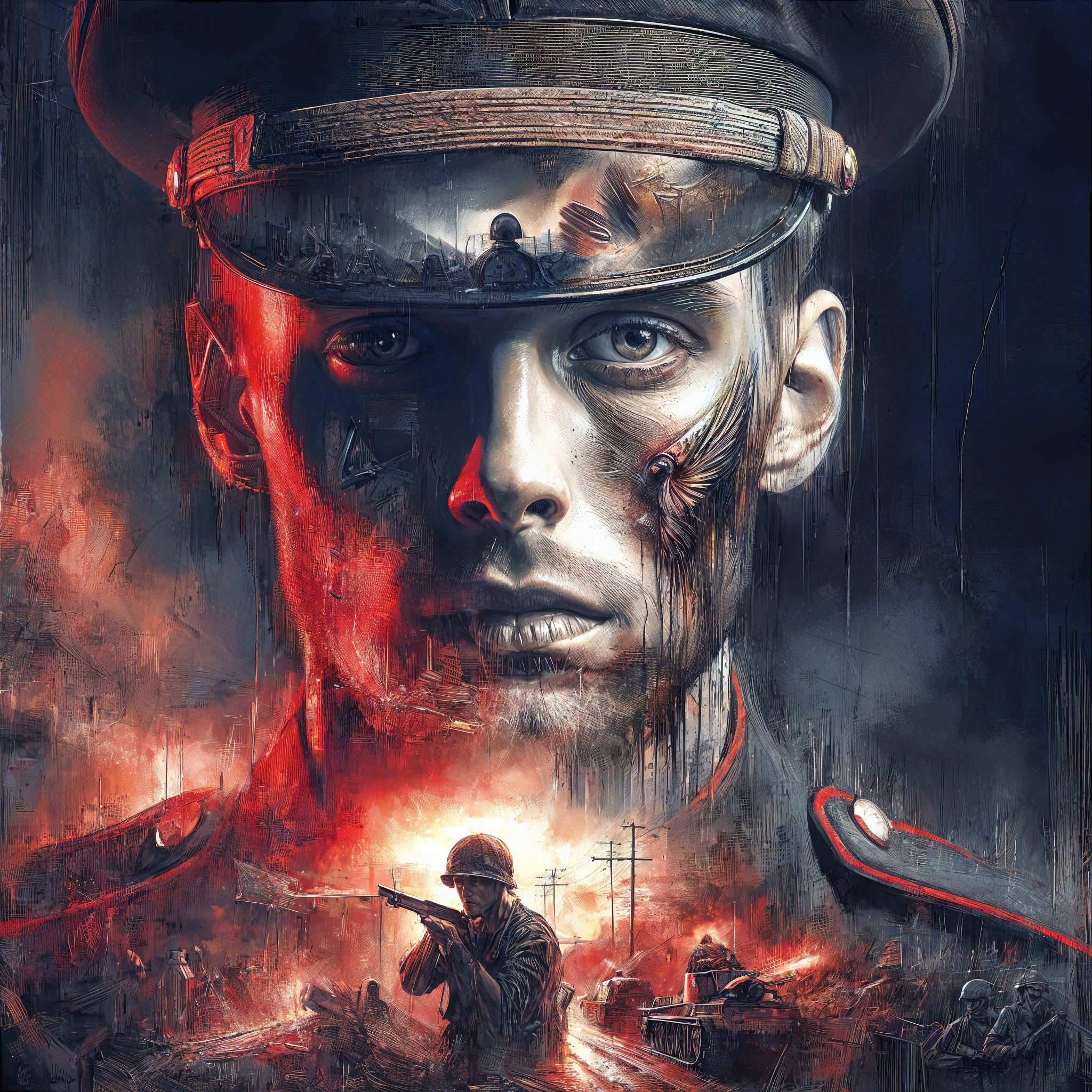 Portrait of a soldier with battle scars in war scene