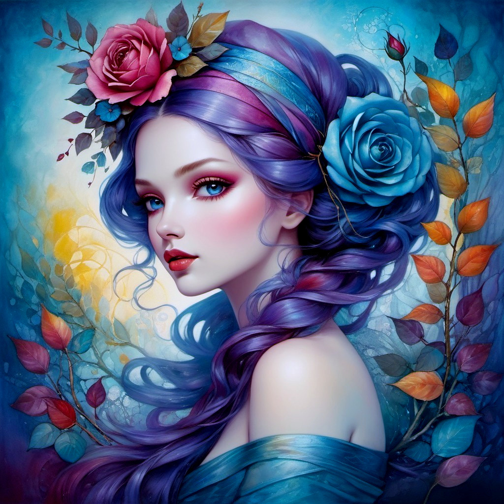 Portrait of a woman with violet hair and roses