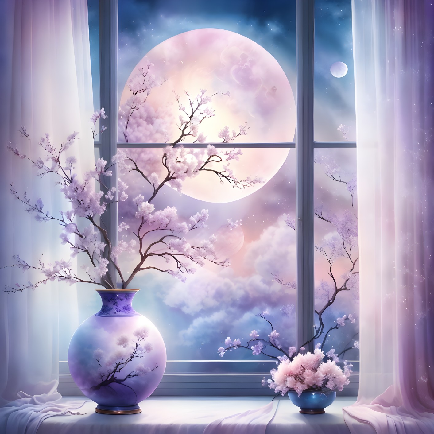 Serene Nightscape with Moon and Cherry Blossoms