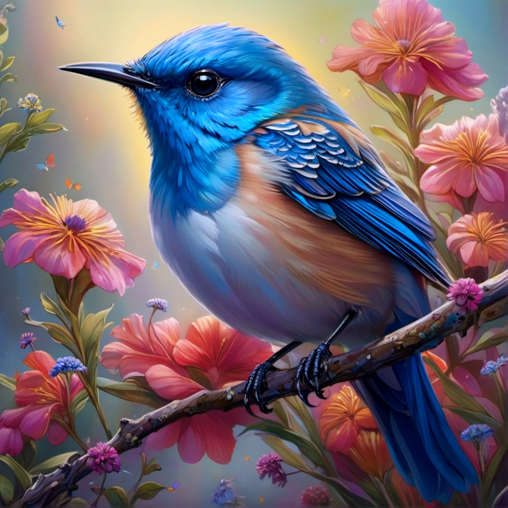Bluebird on Branch with Pink Flowers Illustration