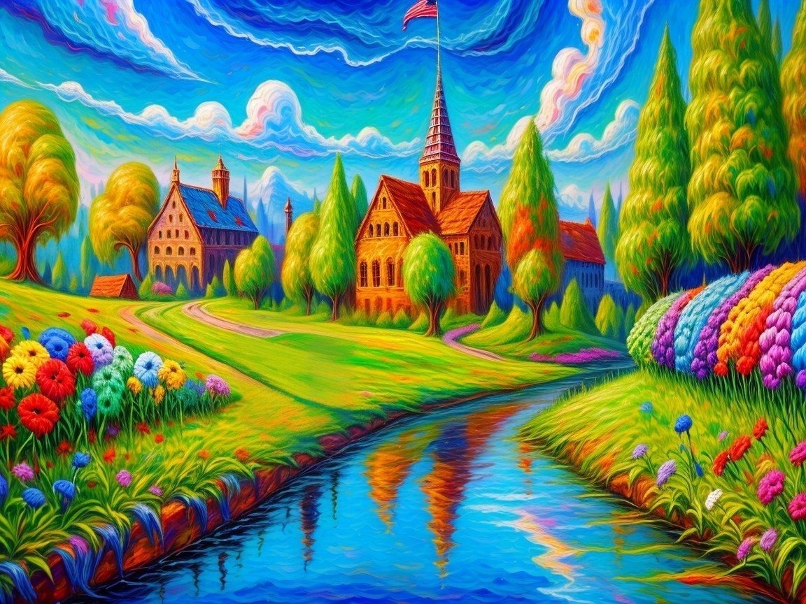 Charming Village Landscape with Colorful Houses and River