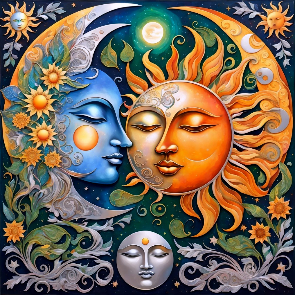 Blue Moon and Orange Sun with Floral Elements
