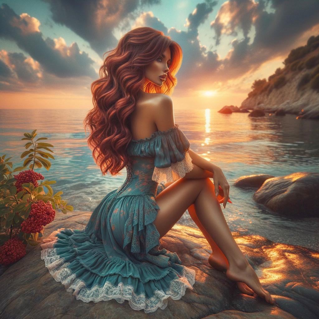 Woman in Lace Dress by Sunset Water Scene