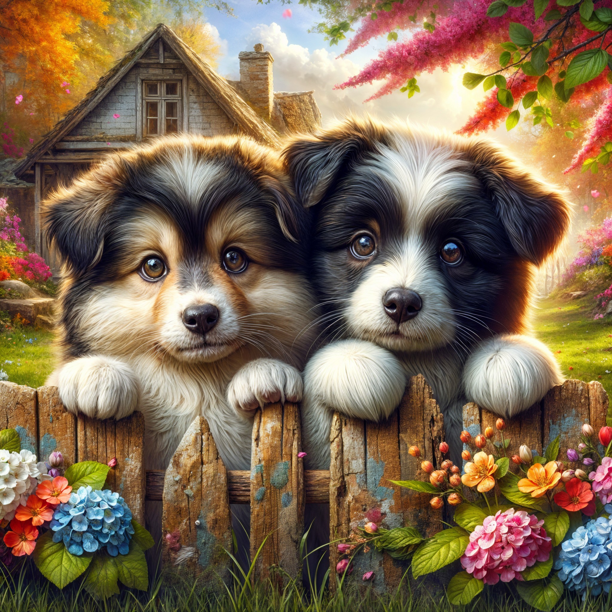 Puppies Peeking Over Fence with Colorful Flowers