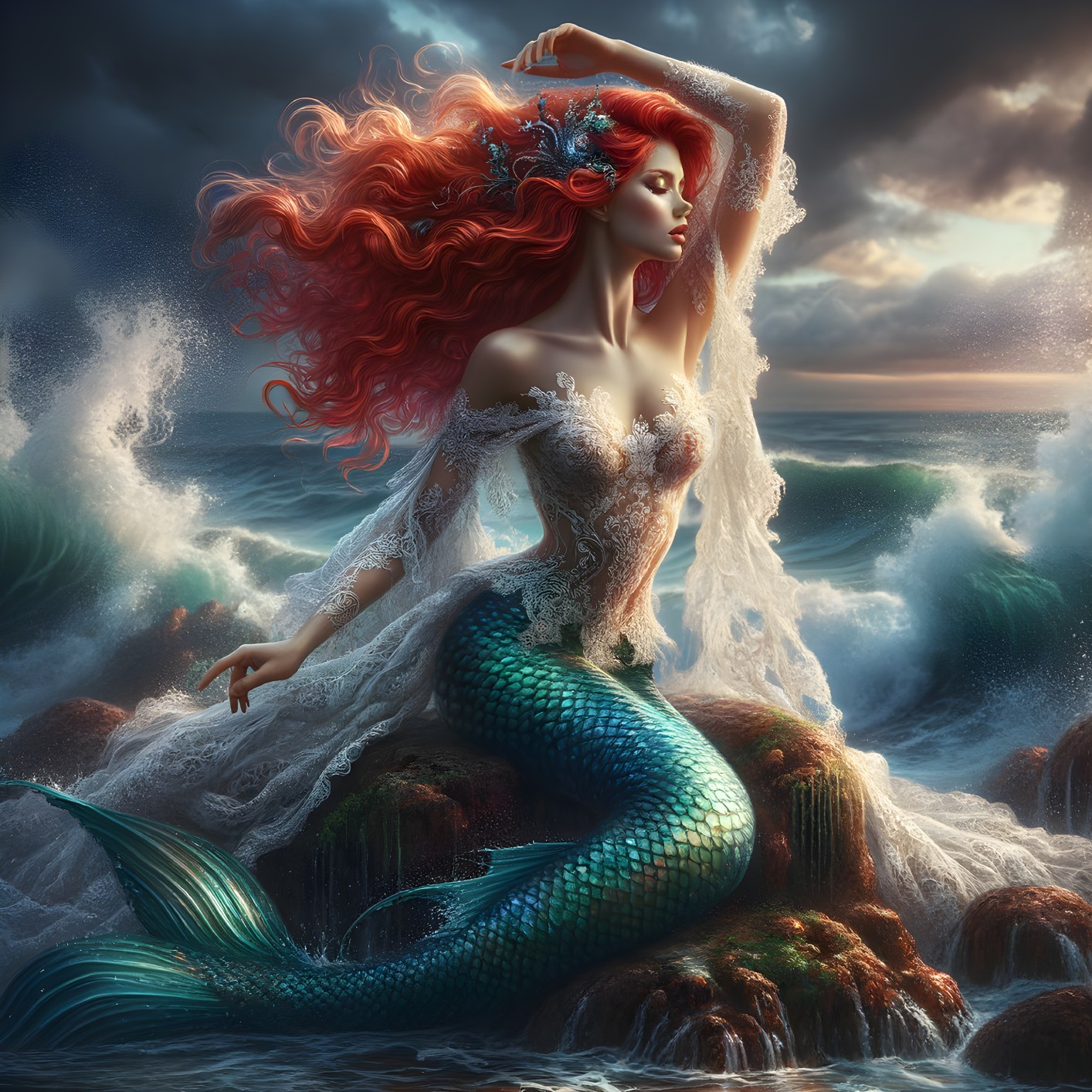Mermaid with Red Hair on Rocky Shore at Sunset