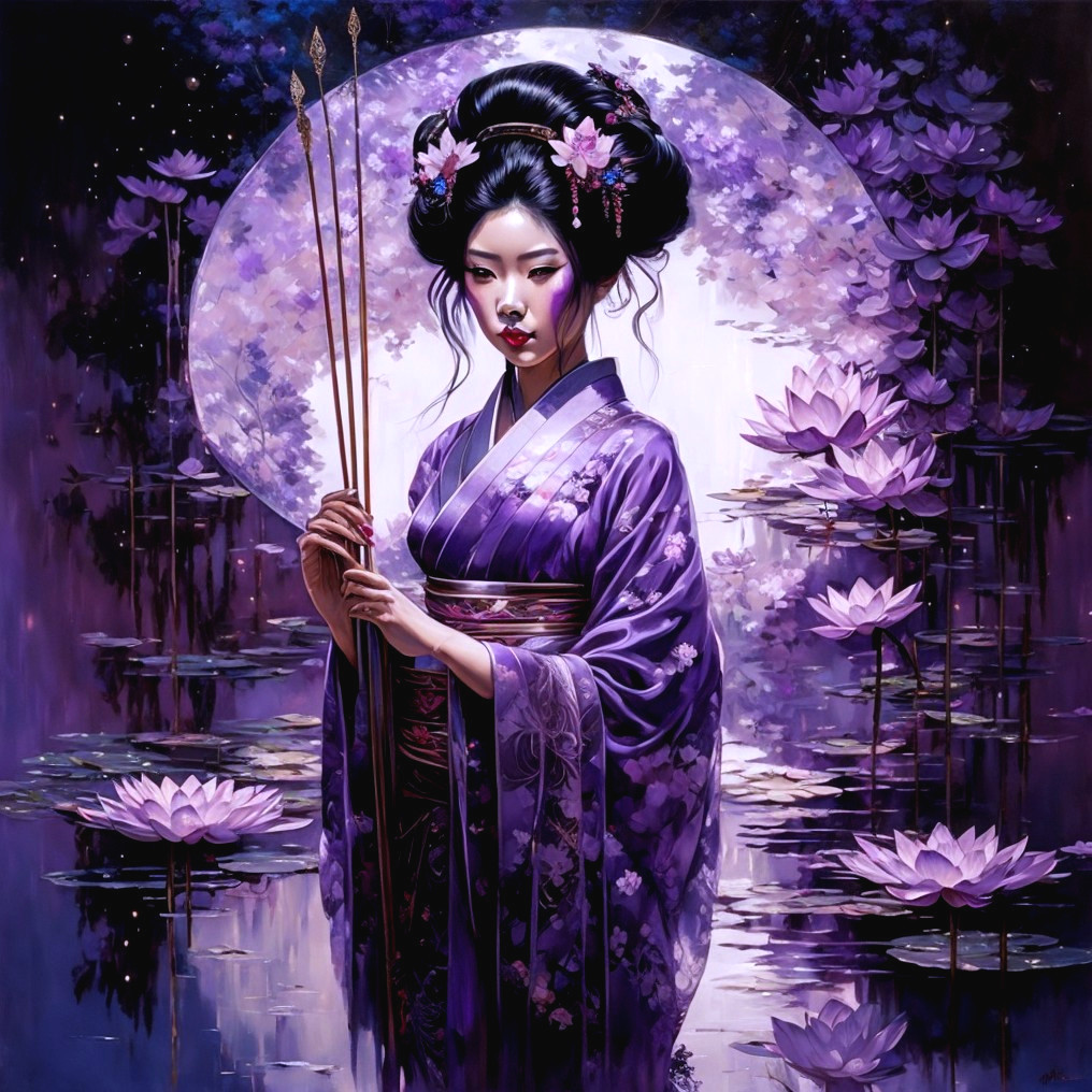 Digital Artwork: Woman in Purple Kimono with Spear by Water Lily Pond