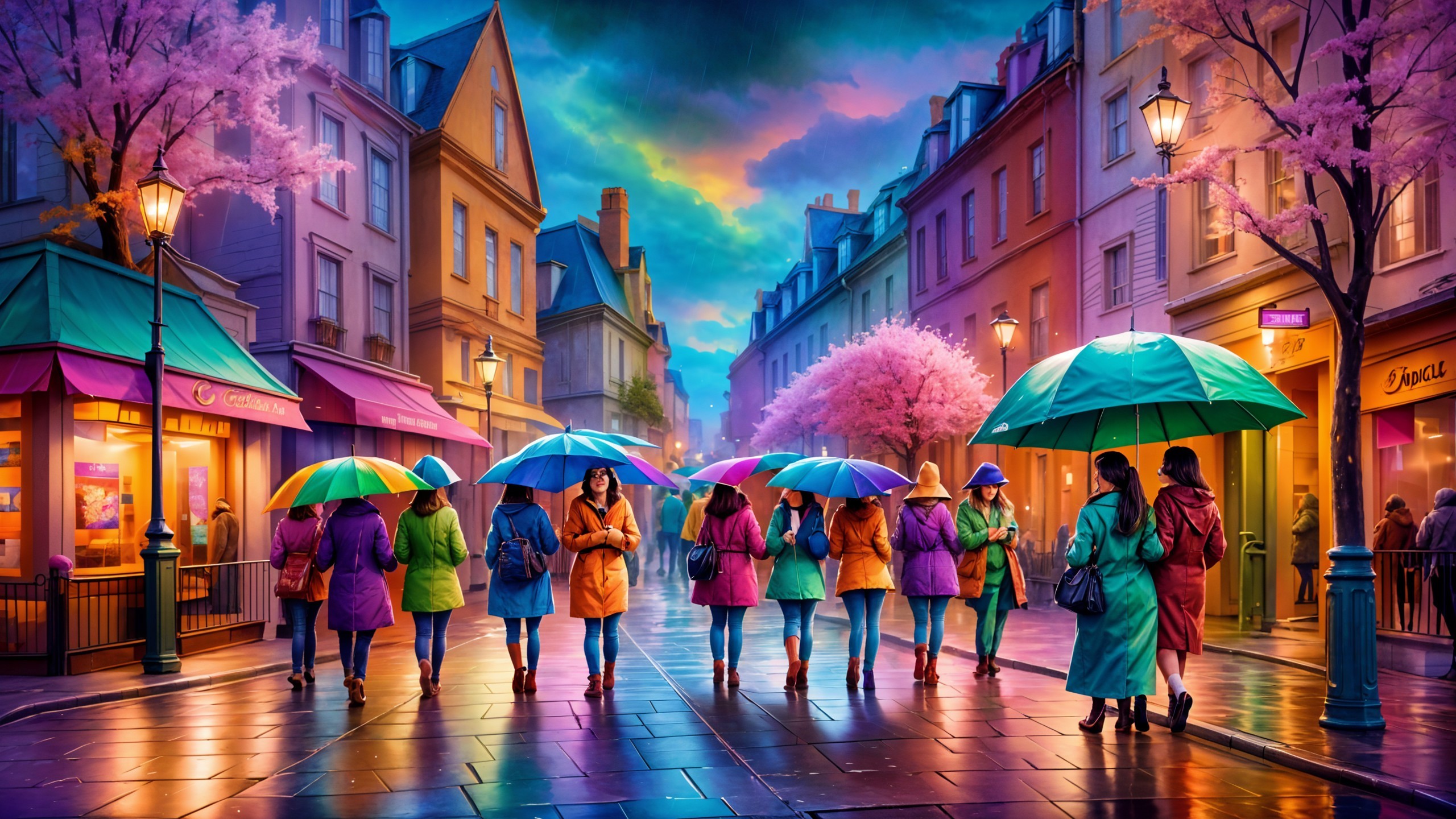Vibrant Street Scene with Women and Cherry Blossoms