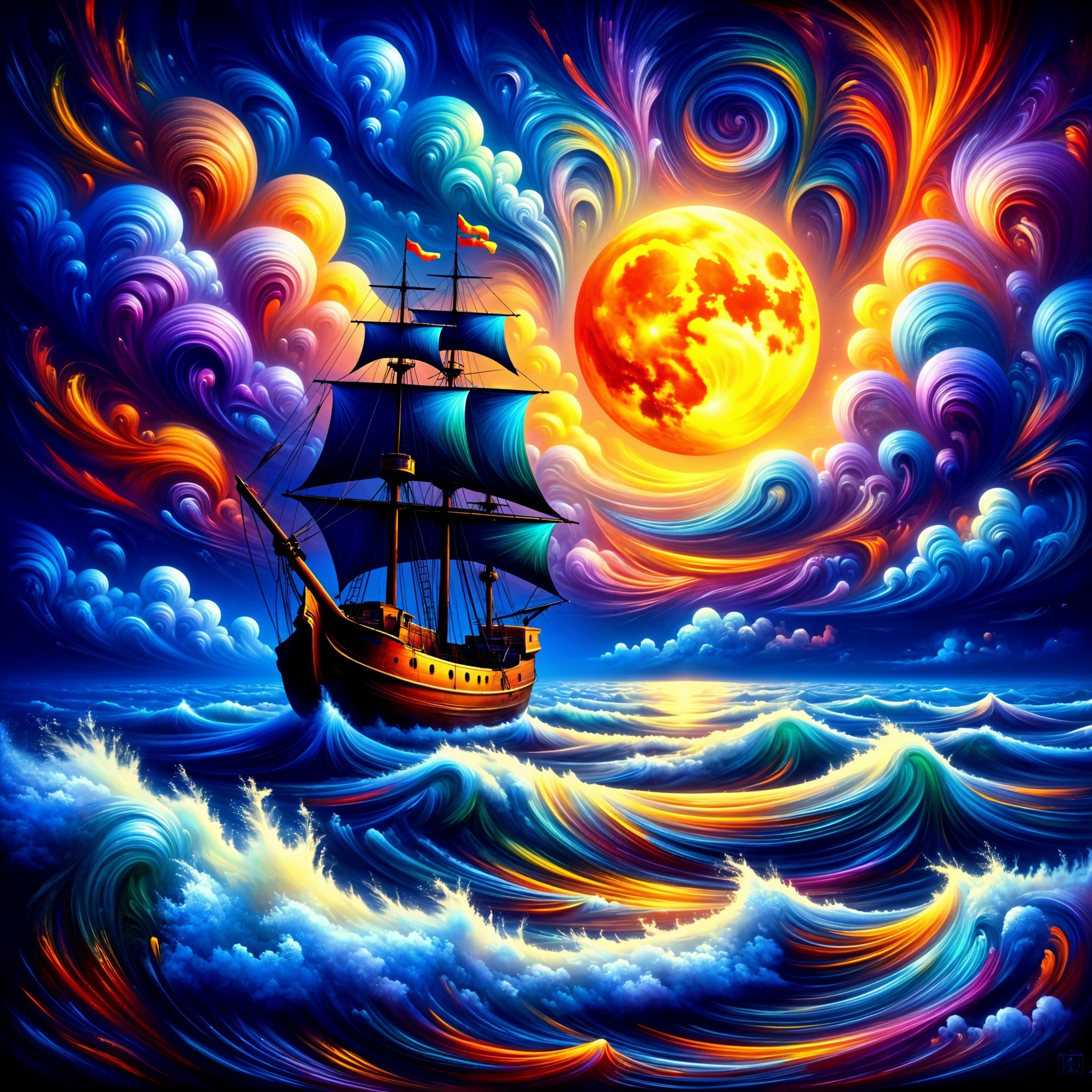 Vibrant Seascape with Majestic Ship and Colorful Sky