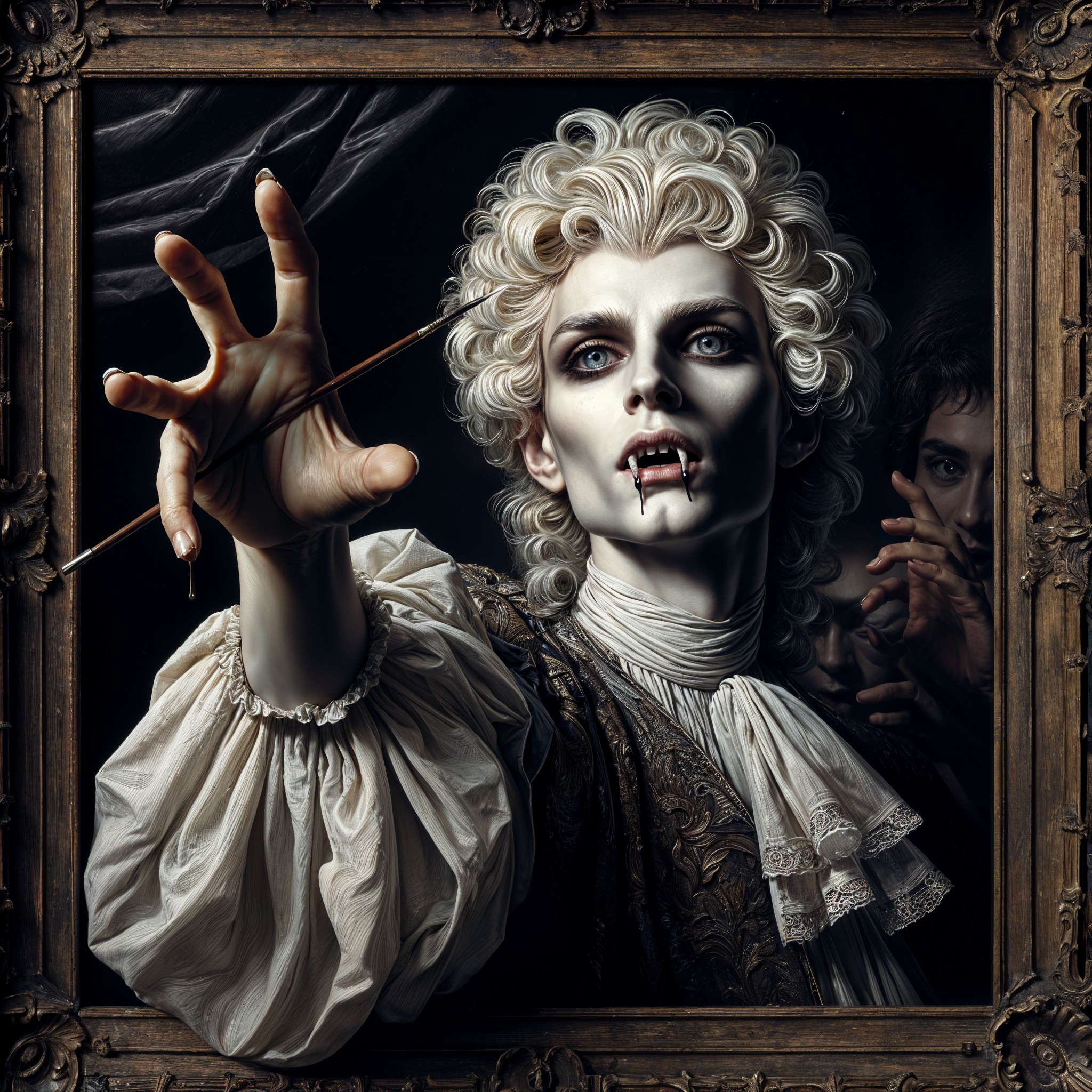 Pale Figure in Ornate Outfit with Vampire Theme