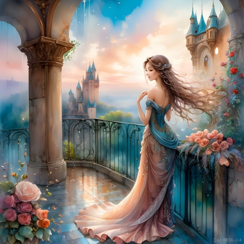 Woman in Blue Dress on Castle Balcony at Sunset