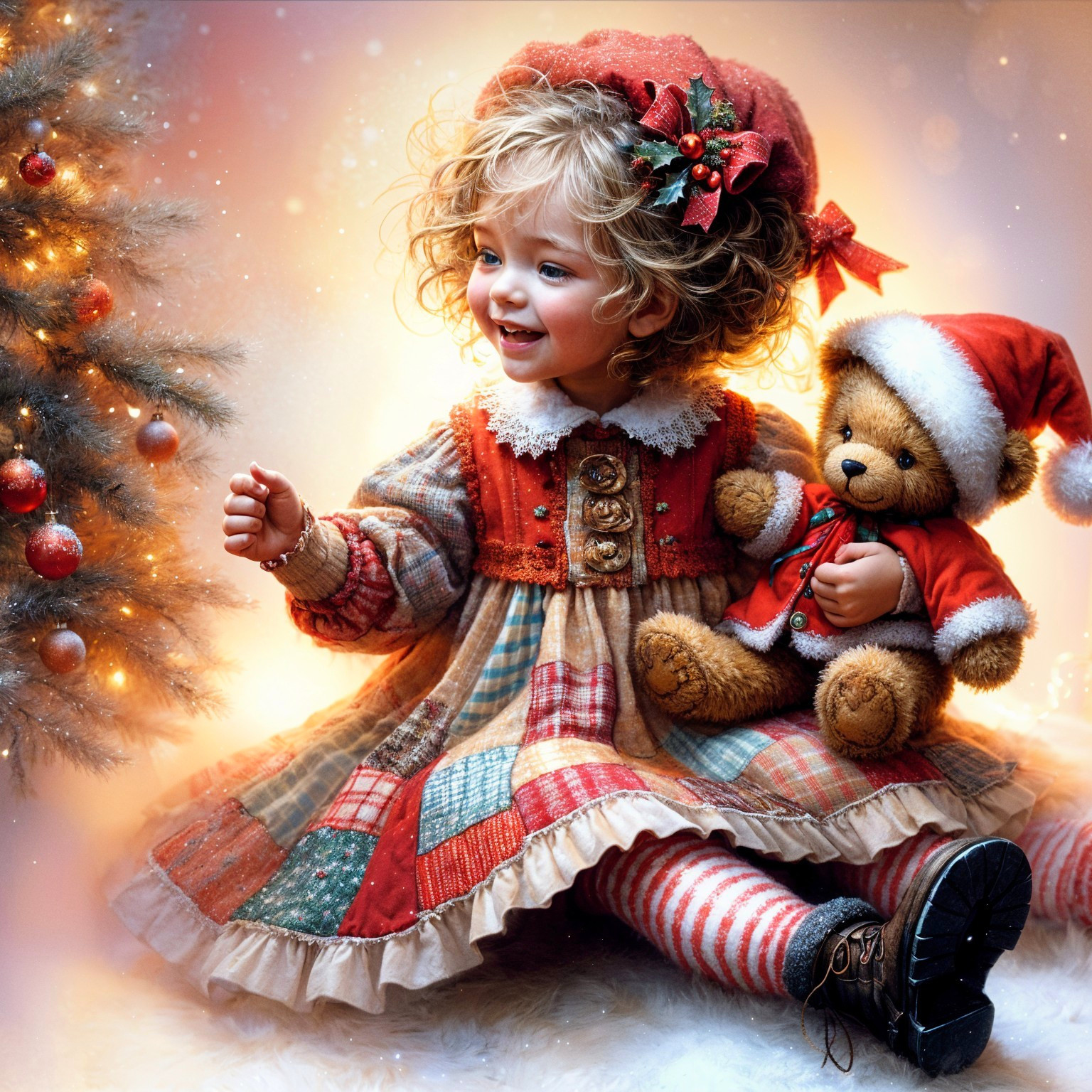 Joyful Child by Christmas Tree with Teddy Bear