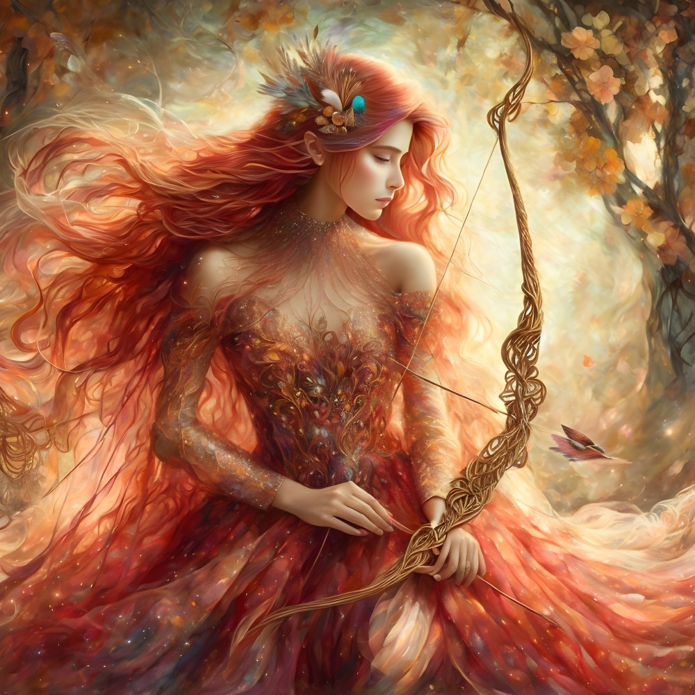 Mystical Forest Scene with Figure in Red Gown