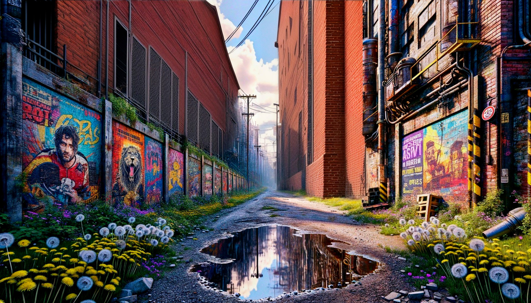 Vibrant Urban Alley with Graffiti and Wildflowers