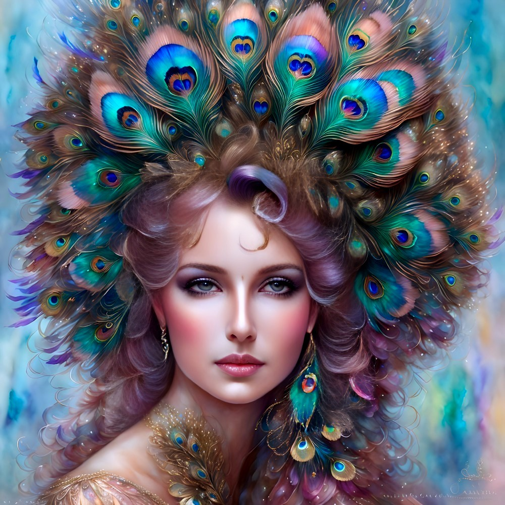 Vibrant peacock feather headdress on woman with detailed makeup