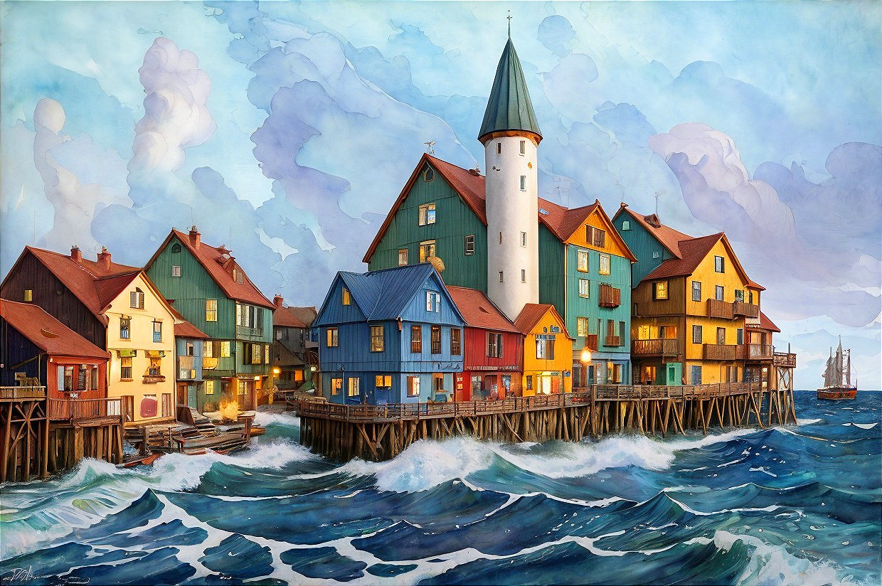 Vibrant coastal village with houses on stilts, lighthouse, and sailing ship