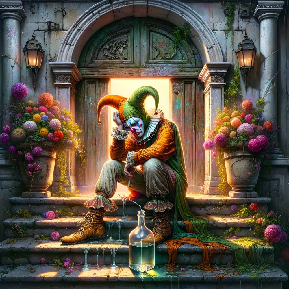 Sad clown on steps by ornate doorway with flowers