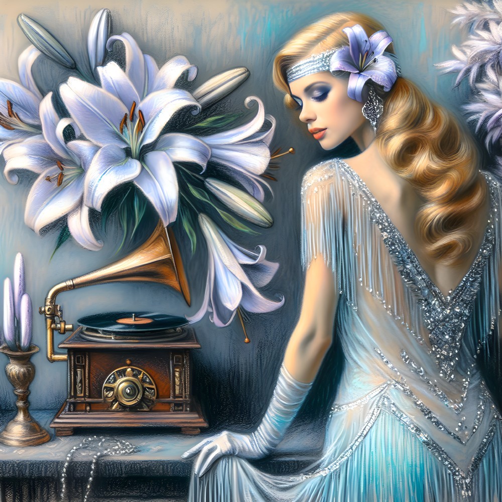 Glamorous Woman in Vintage Beaded Dress by Gramophone