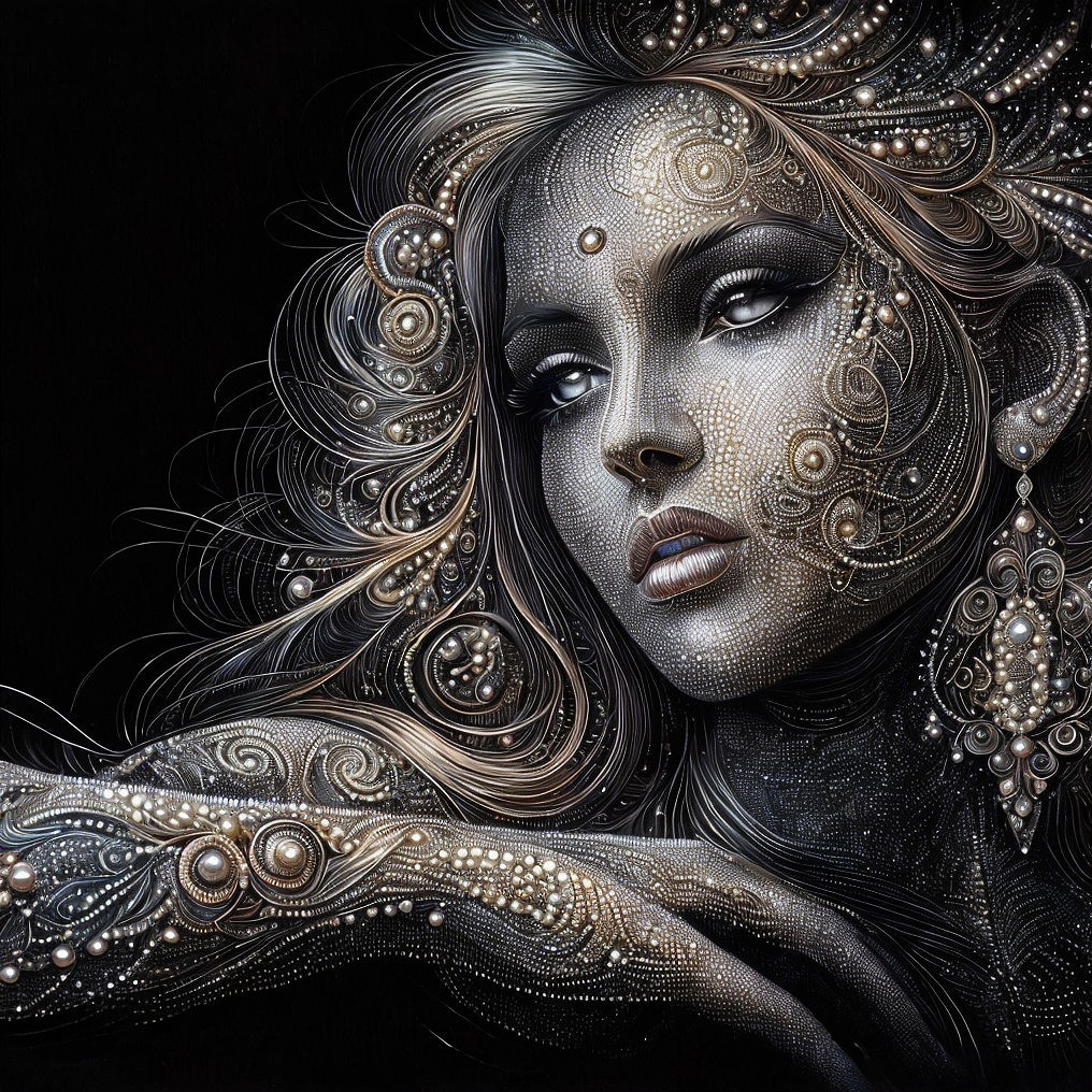 Intricate Female Figure with Embellishments and Patterns