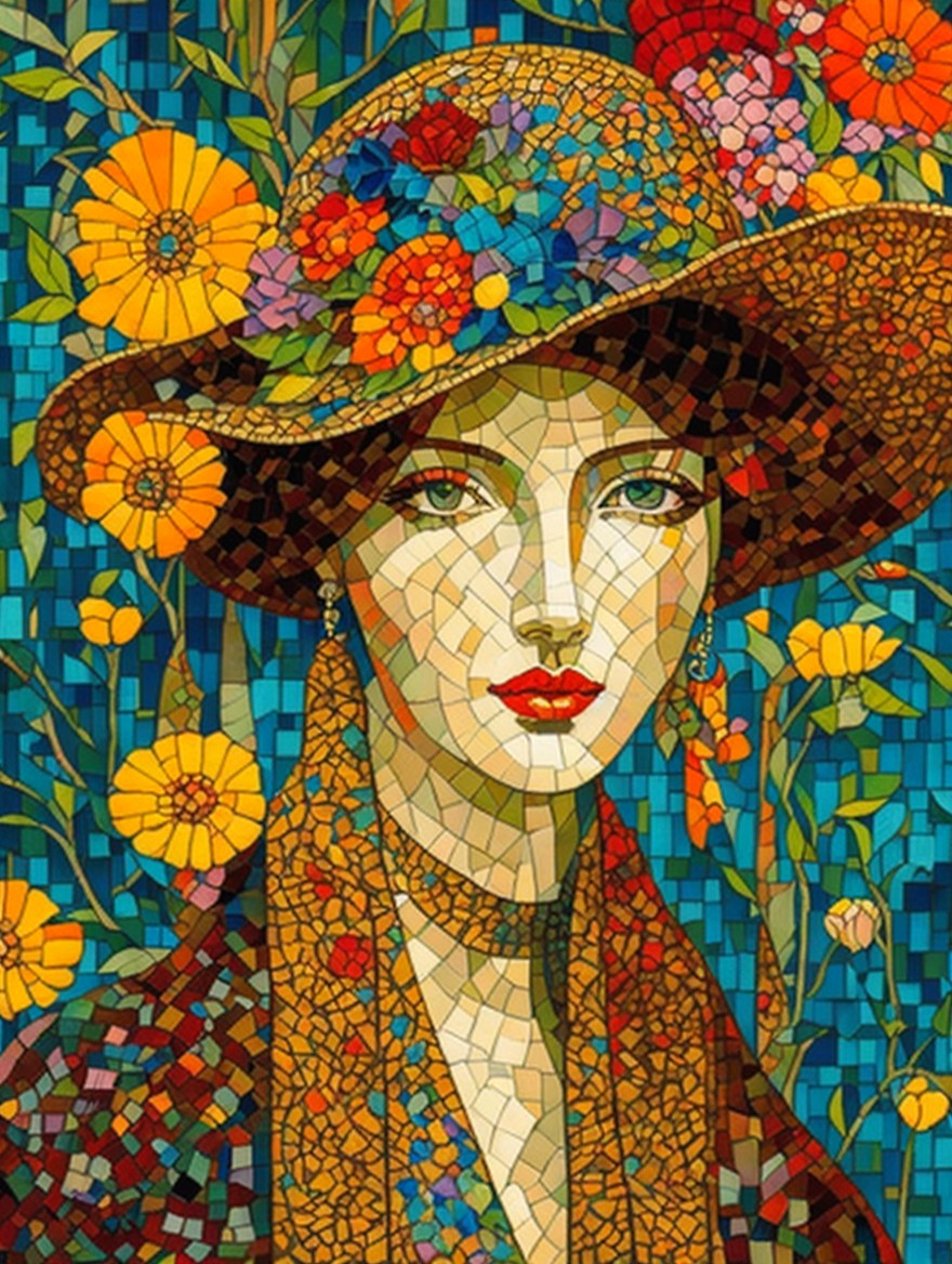 Vibrant Mosaic Artwork of a Woman with Floral Hat