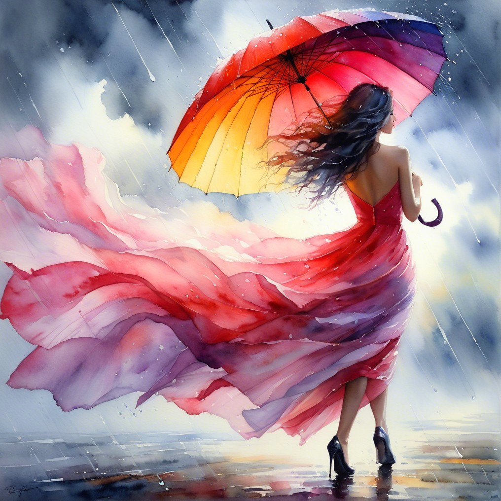 Woman in Red Dress with Umbrella in Rainy Scene