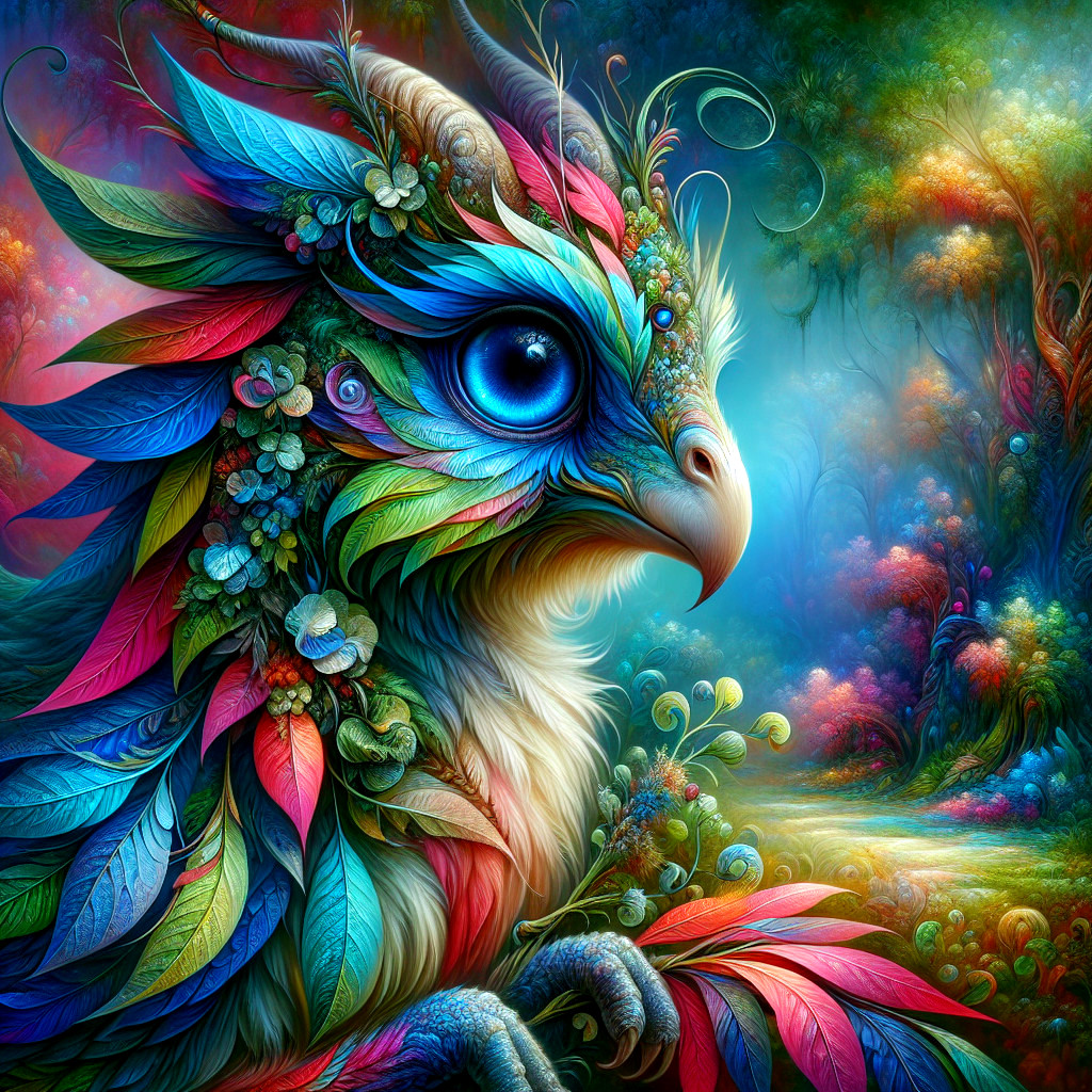 Vibrant Owl-like Creature in Dreamy Woodland Scene