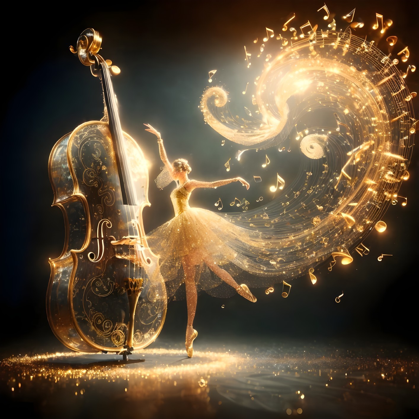 Golden-Toned Scene of Cello and Ballerina in Harmony