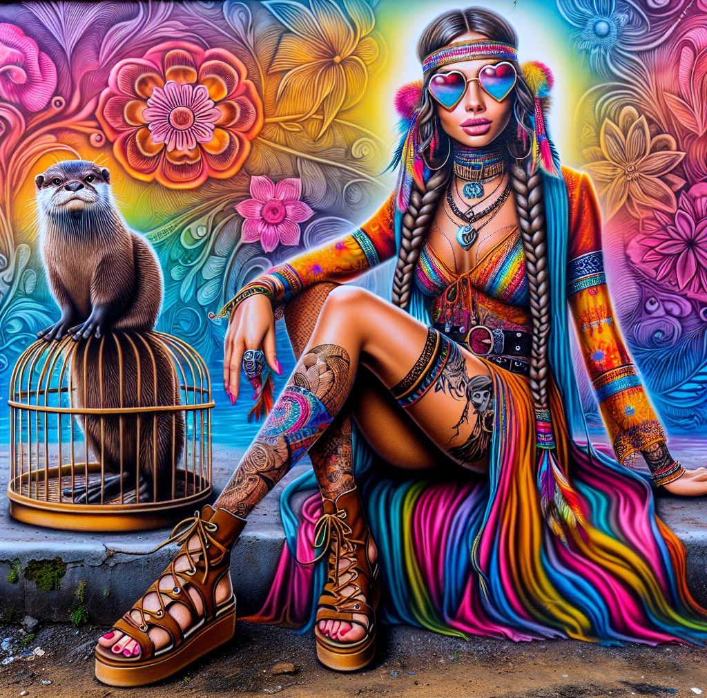 Colorful Scene of Woman and Otter in Floral Setting