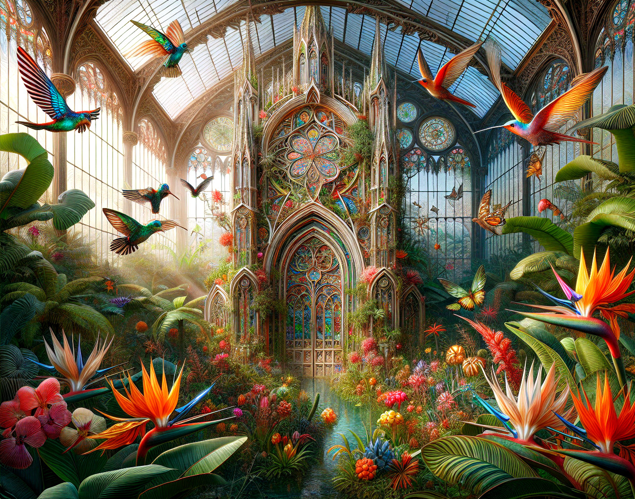 Vibrant Greenhouse with Tropical Plants and Stained Glass