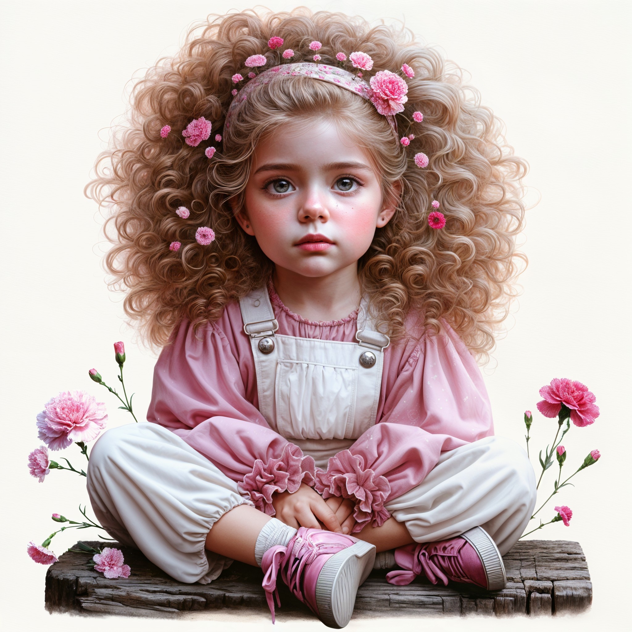 Young girl with curly hair and floral surroundings