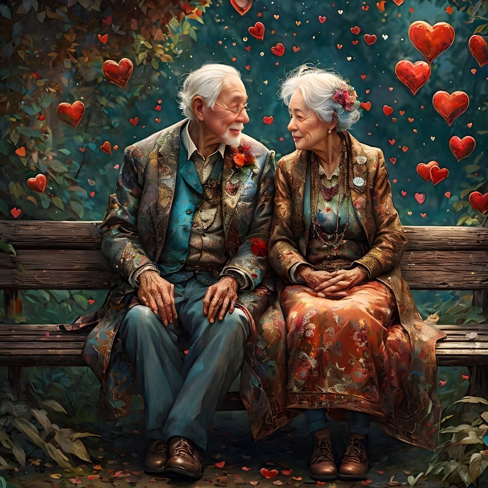 Elderly Couple on a Bench with Hearts and Flowers