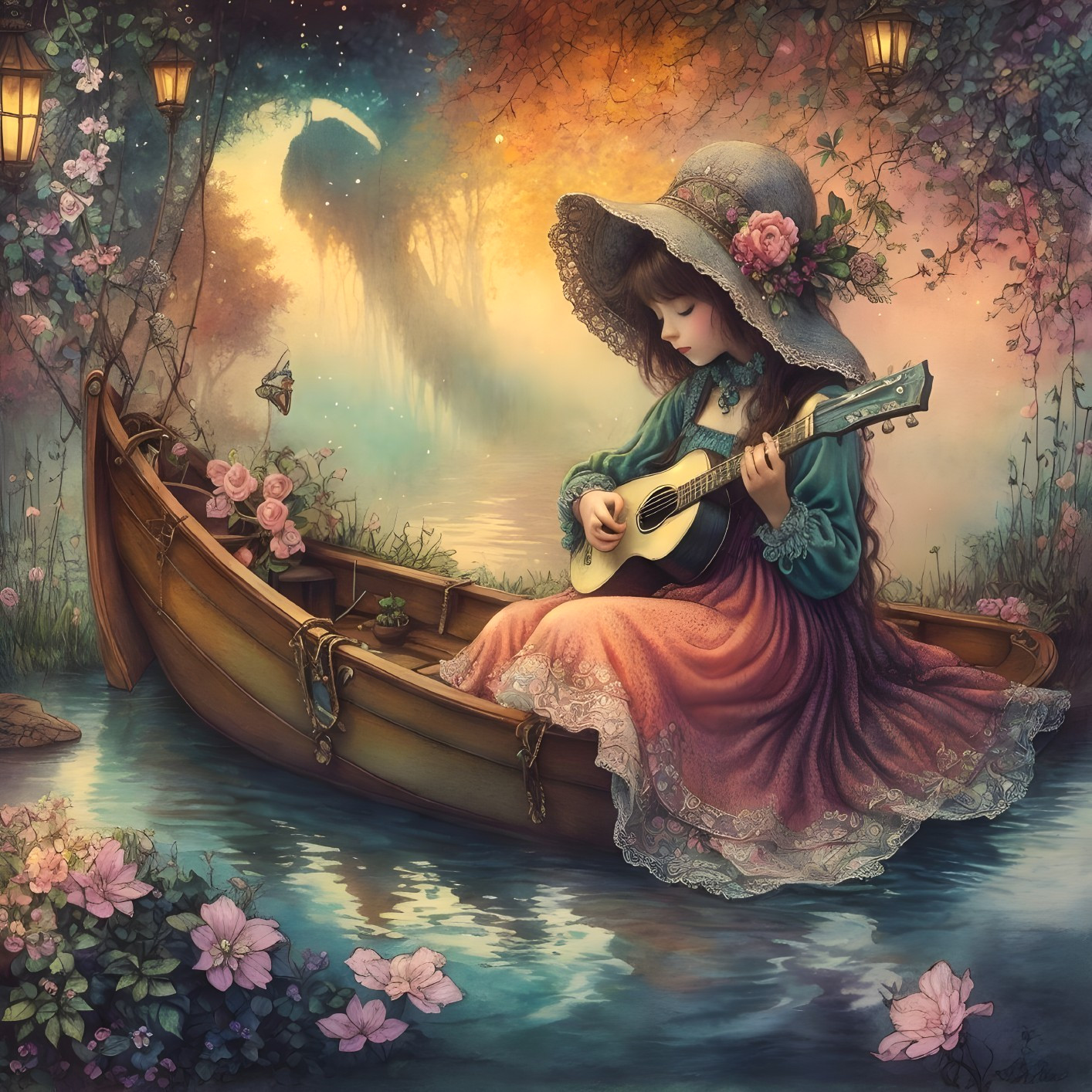 Young girl with ukulele in a tranquil boat scene