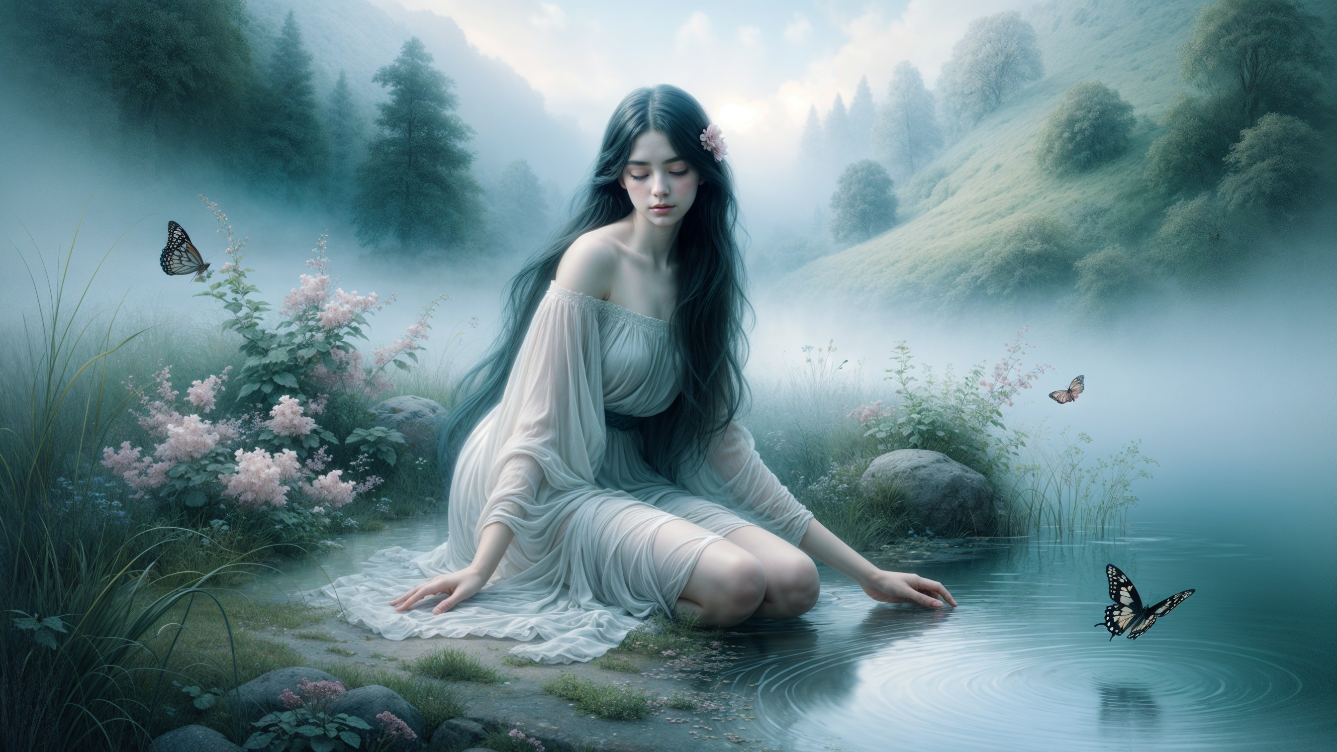Young Woman by Tranquil Lake in Lush Greenery