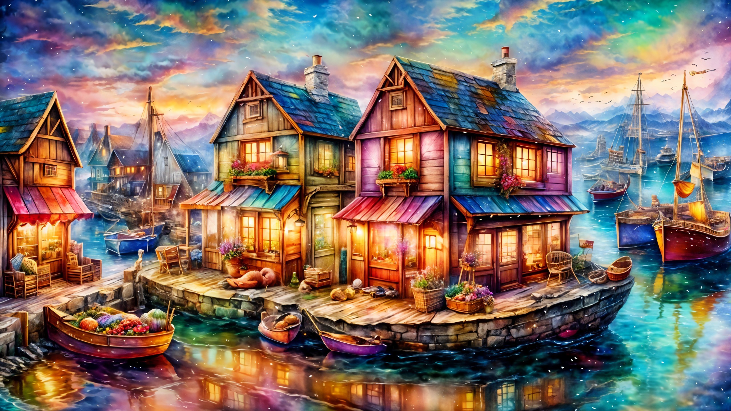 Vibrant Seaside Village at Sunset with Charming Docks