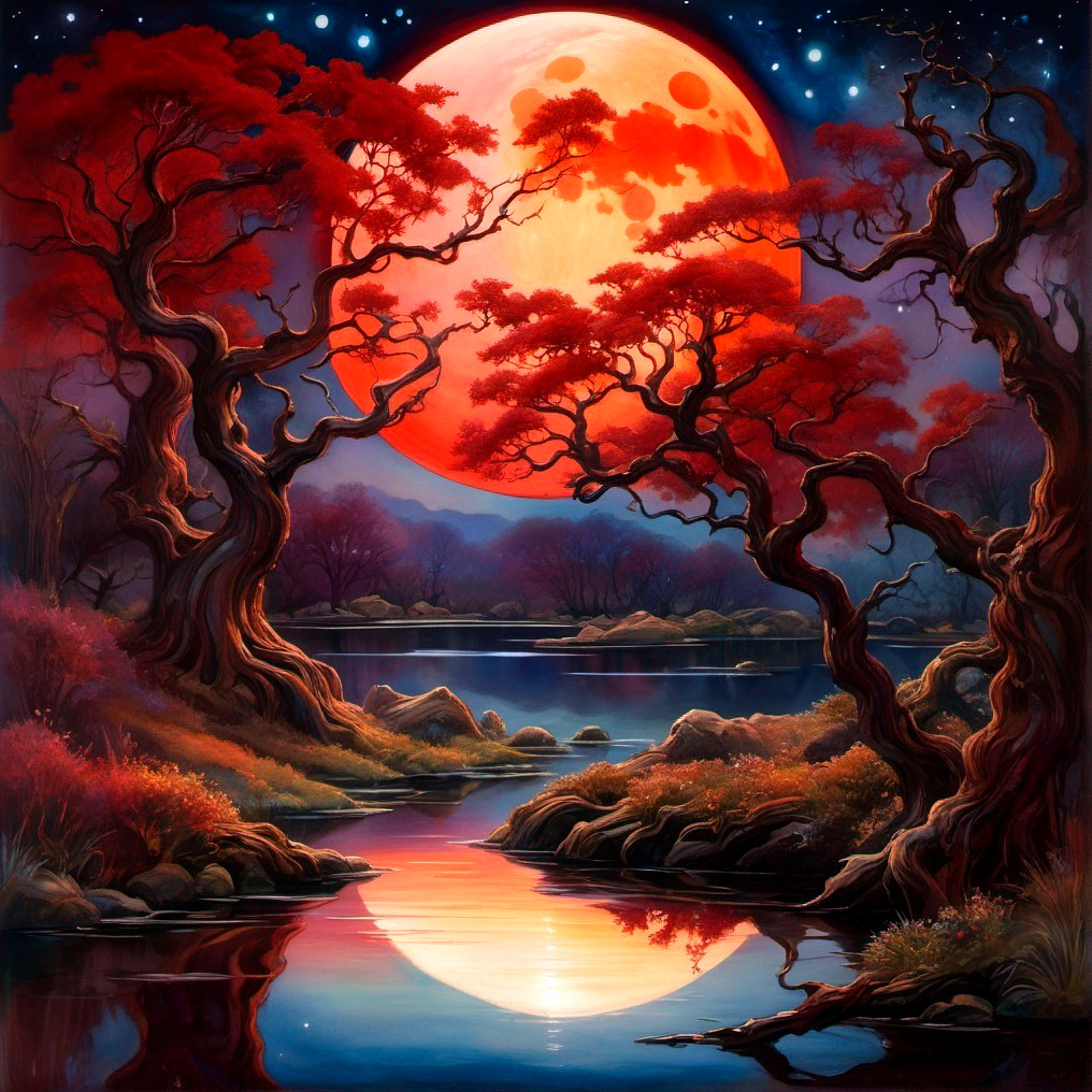 Moonlit Crimson Waterscape