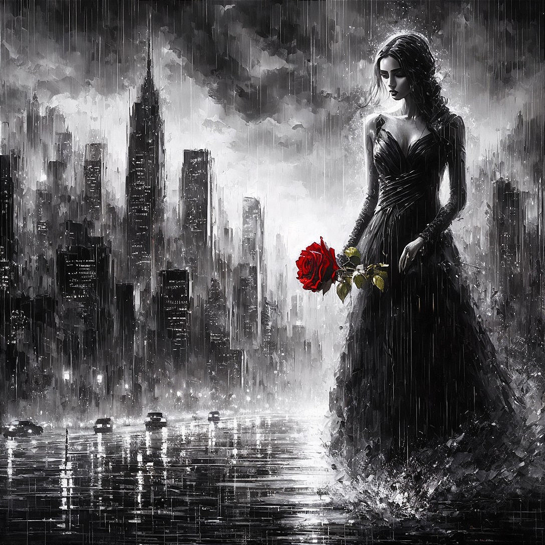 Monochrome Cityscape with Woman and Red Rose