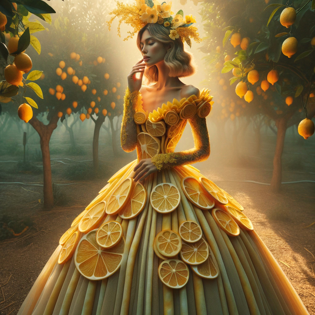 Elegant Figure in Yellow Gown Among Lemon Trees