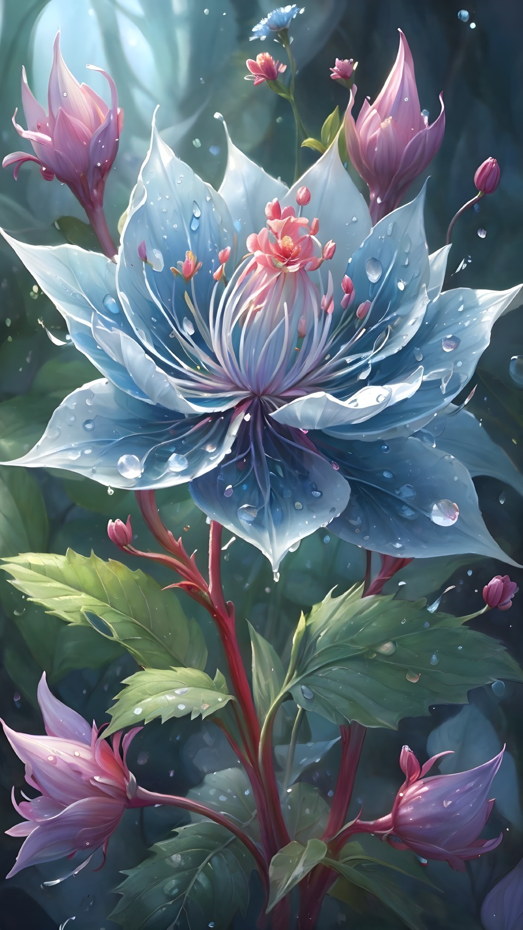 Blue Flower Surrounded by Pink Buds and Green Leaves