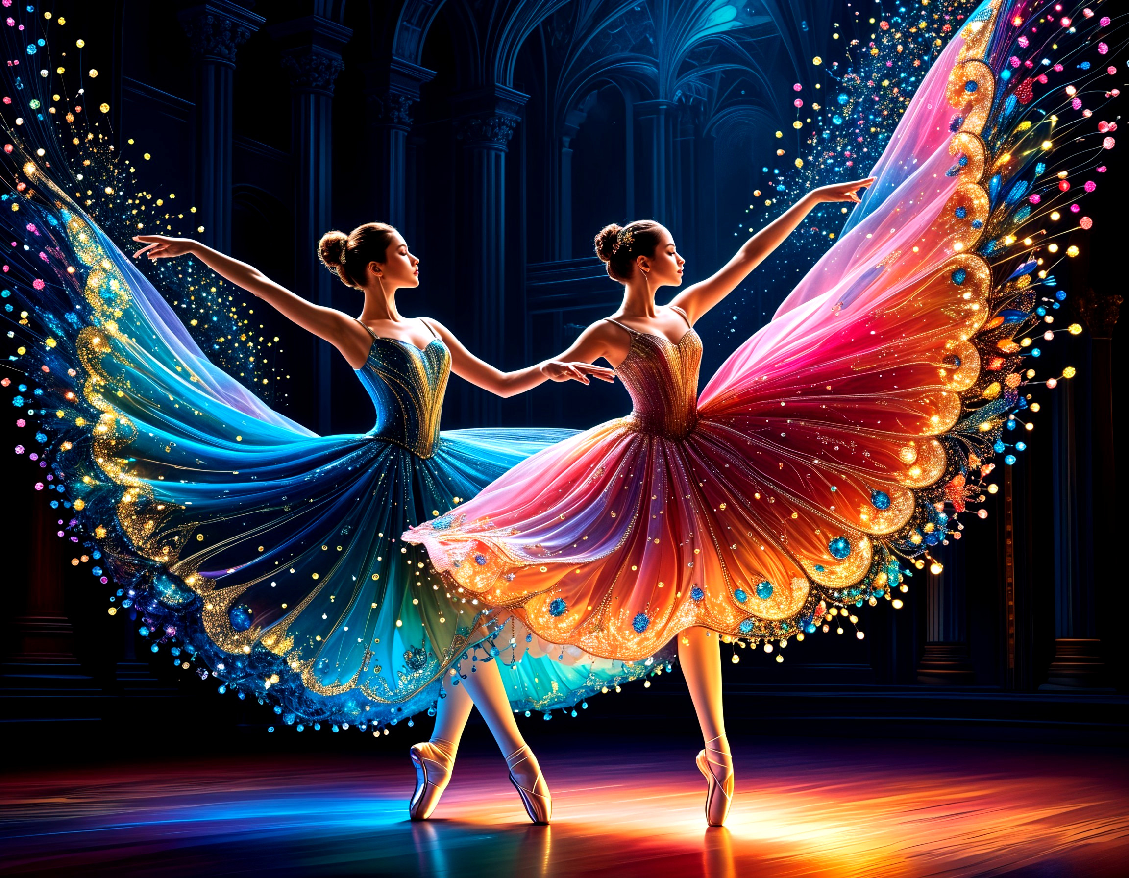 Ballet Dancers in Vibrant Tutus Against Dark Backdrop