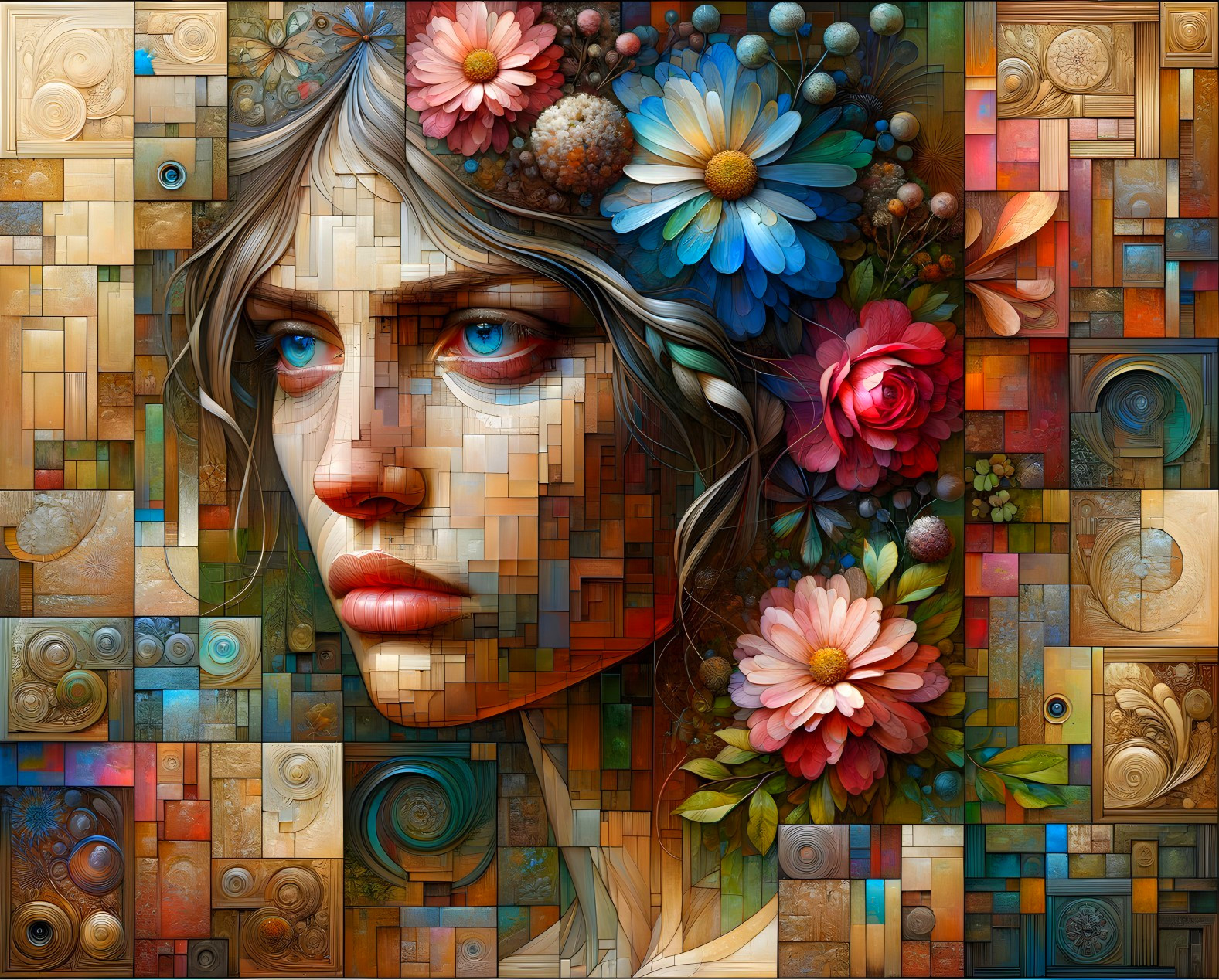 Stylized portrait of a woman with blue eyes and flowers