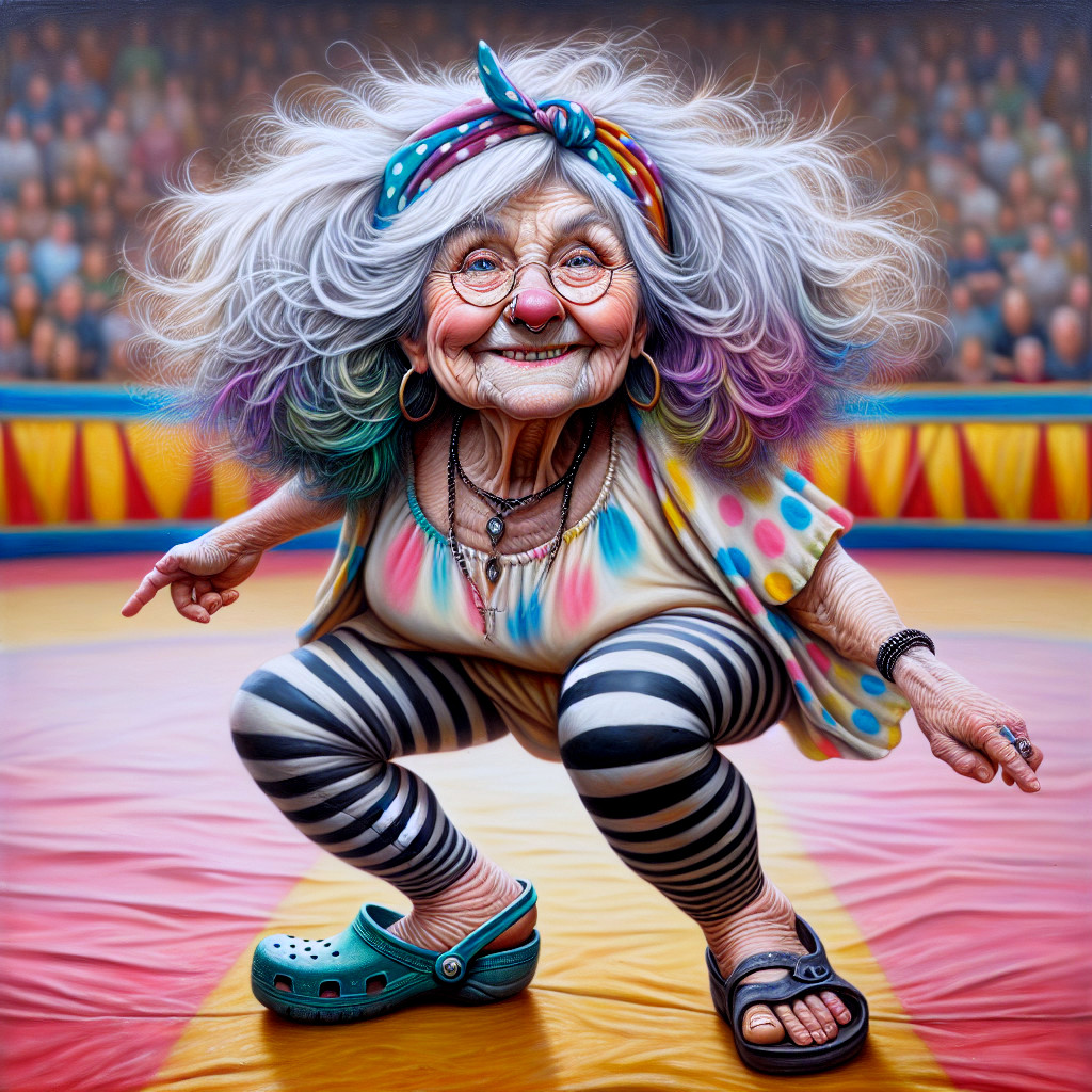 Vibrant Elderly Clown in Colorful Circus Setting