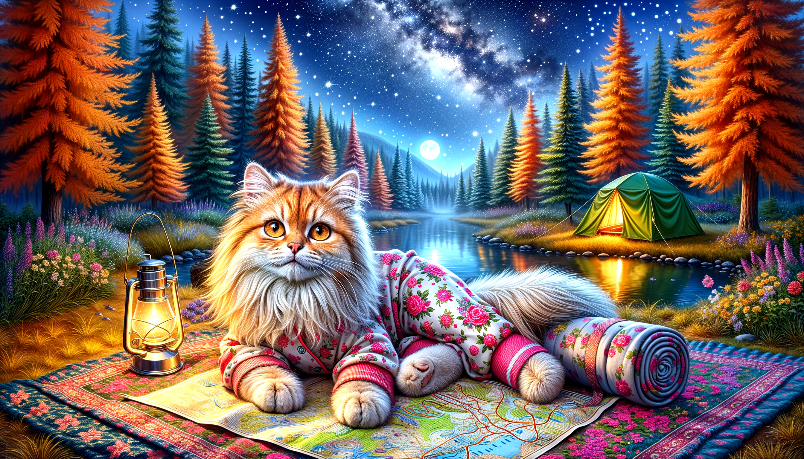 Fluffy Cat in Floral Outfit by Serene River Scene