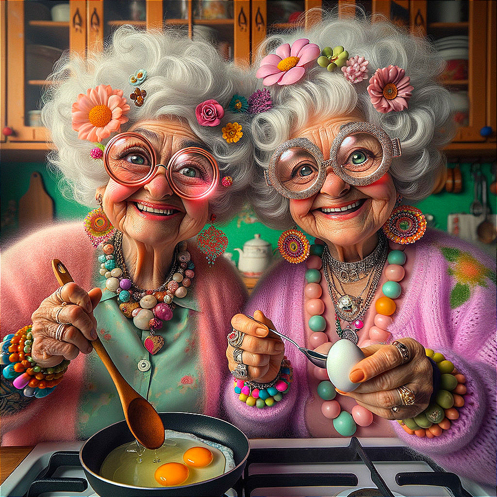 Elderly Women Cooking in a Colorful Kitchen Setting