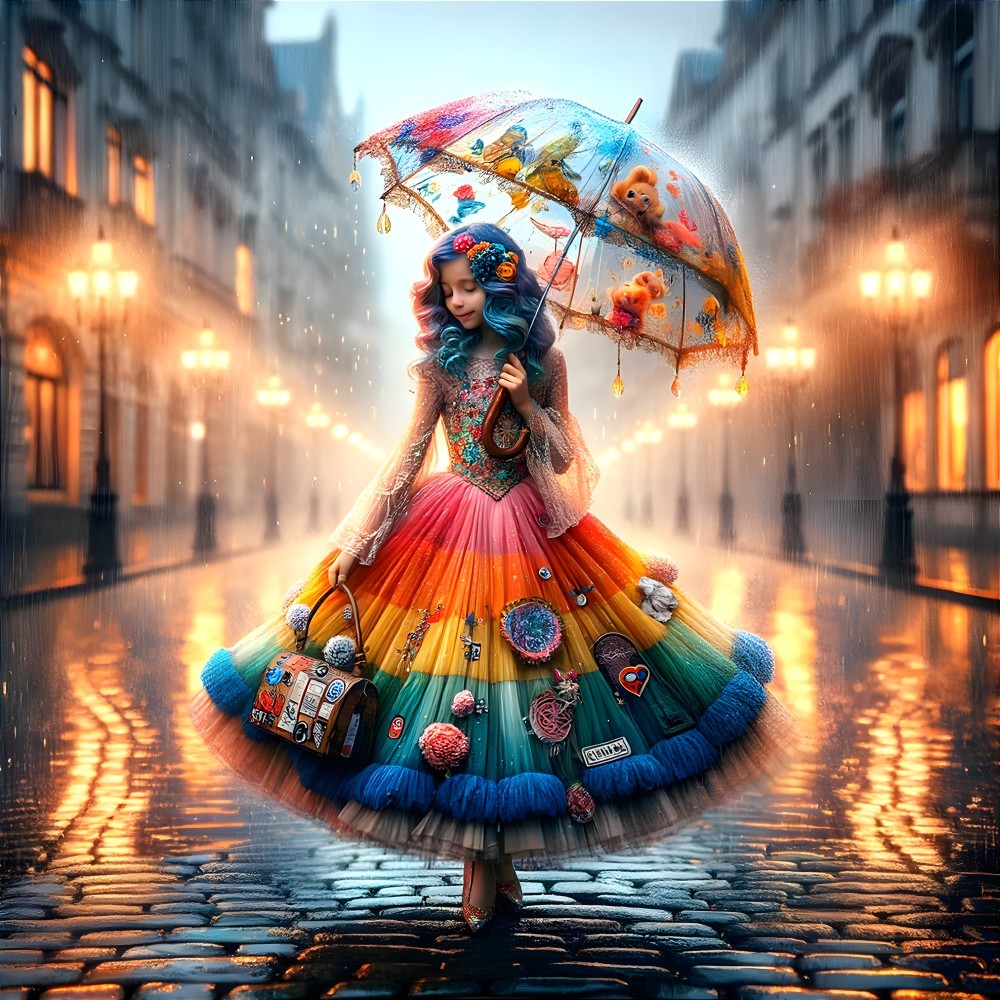 Woman in Whimsical Dress with Clear Umbrella on Street
