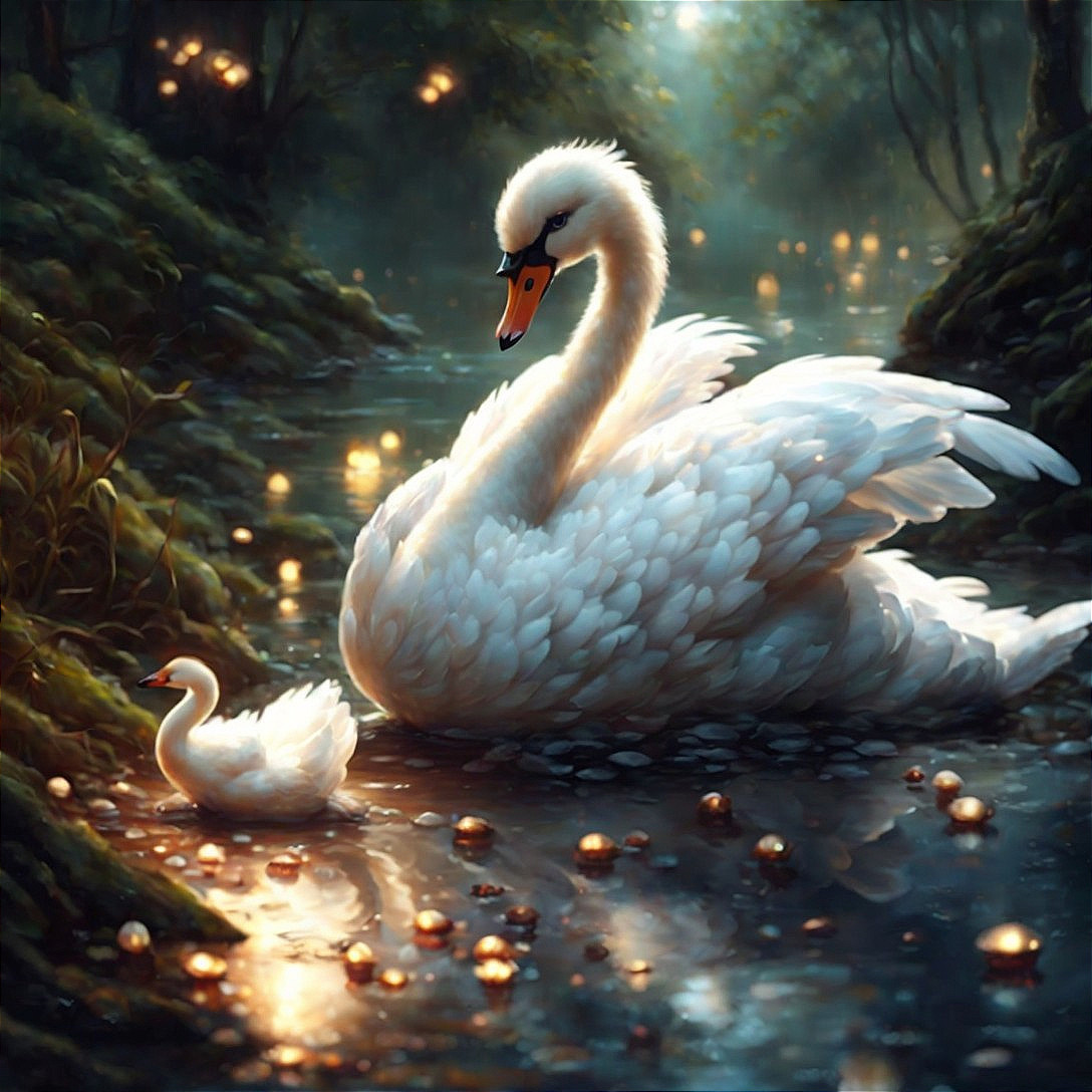 Twilight-lit waterway with two swans and ethereal orbs