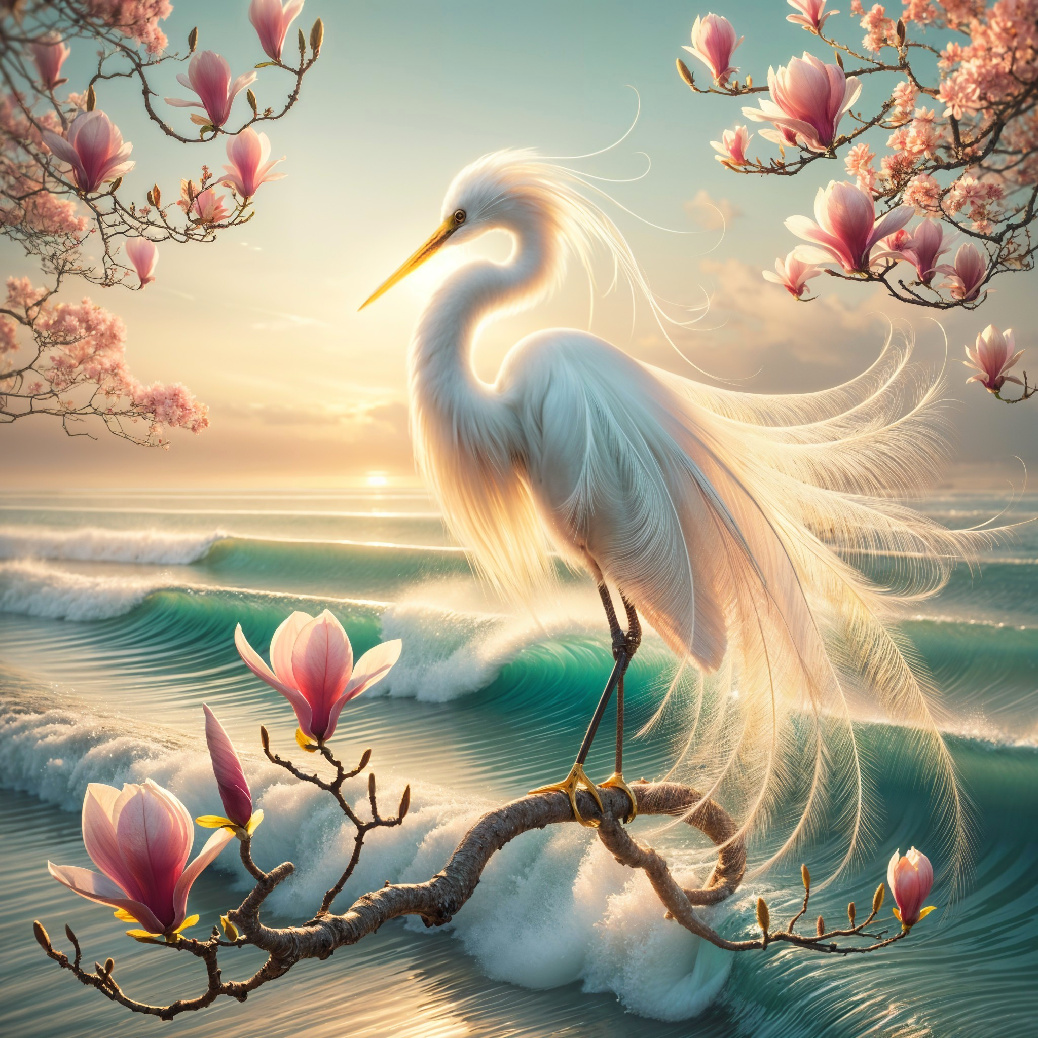 White Heron Among Pink Magnolia Blossoms at Sunrise