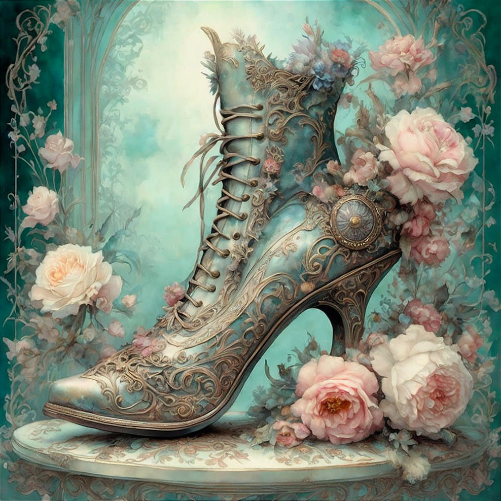 Baroque-style engravings on high-heeled boot with pink roses on teal background