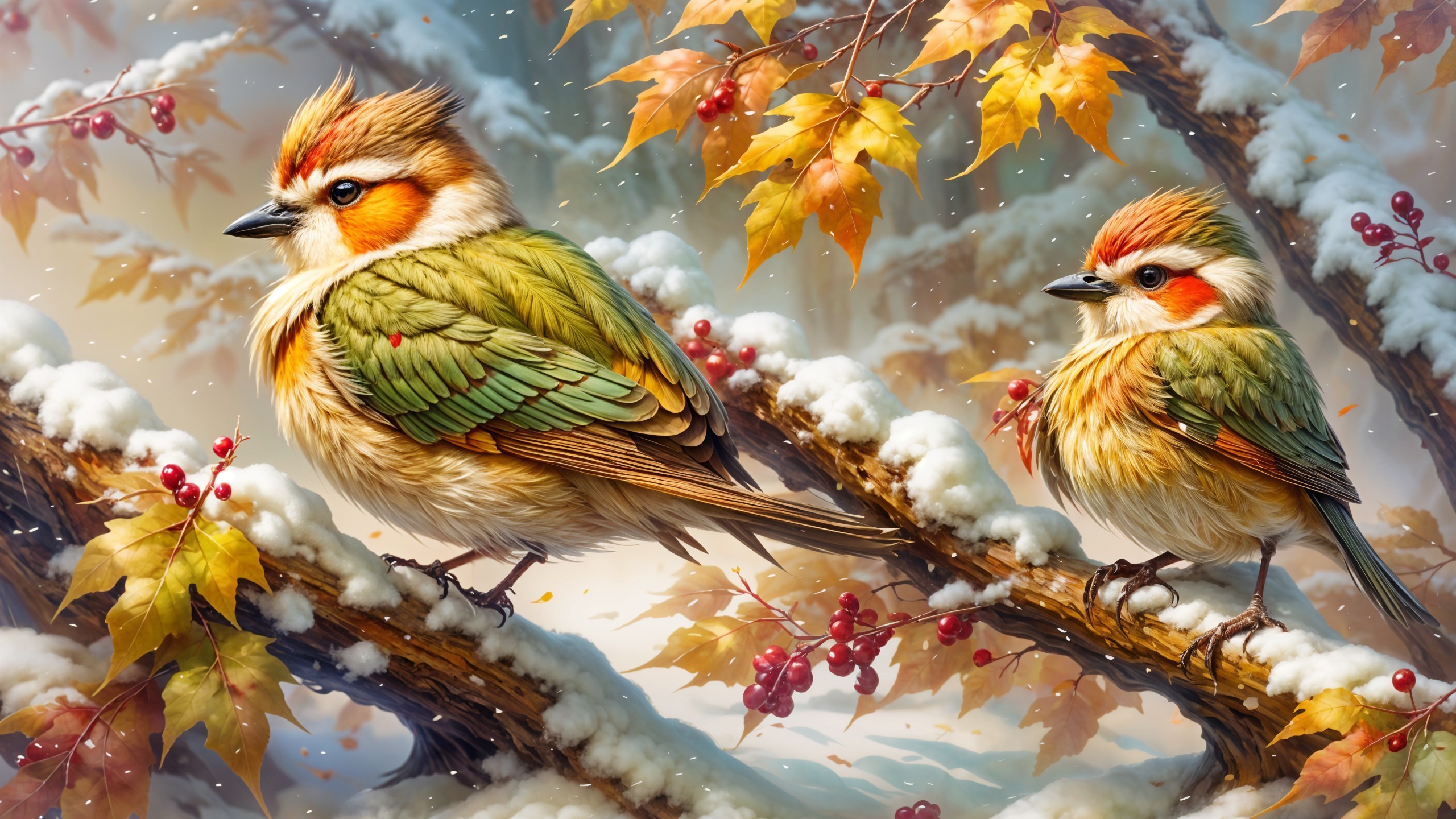Colorful Birds on Snowy Branches with Autumn Leaves