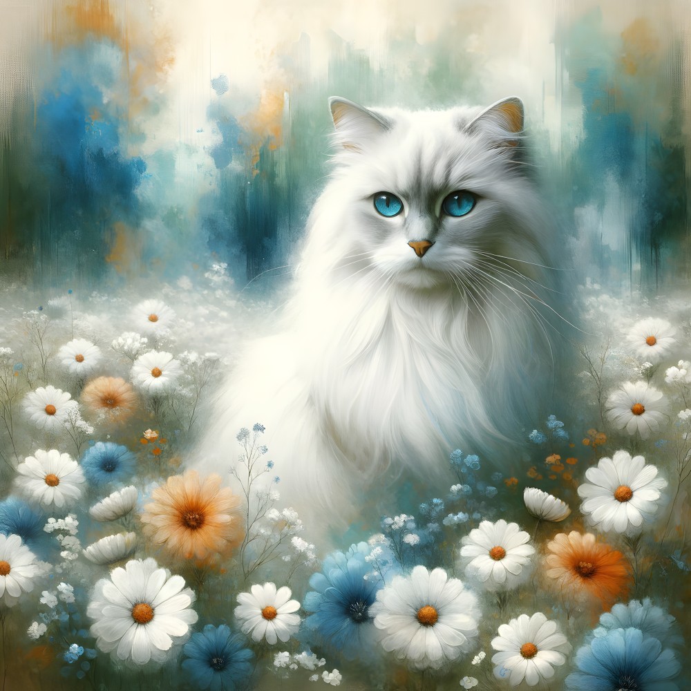 White Cat with Blue Eyes in Colorful Flower Field